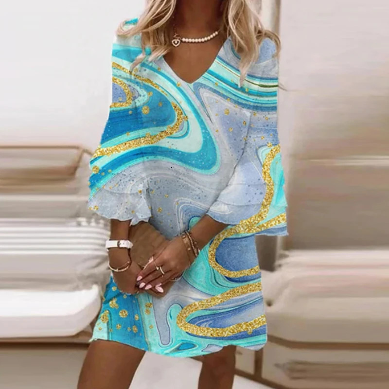 Womens Fashion Sparkling Sleeves Bohemian Beach Dress Womens Patchwork V-neck Party Dress Womens Retro Printed Loose A-line Dress 250103
