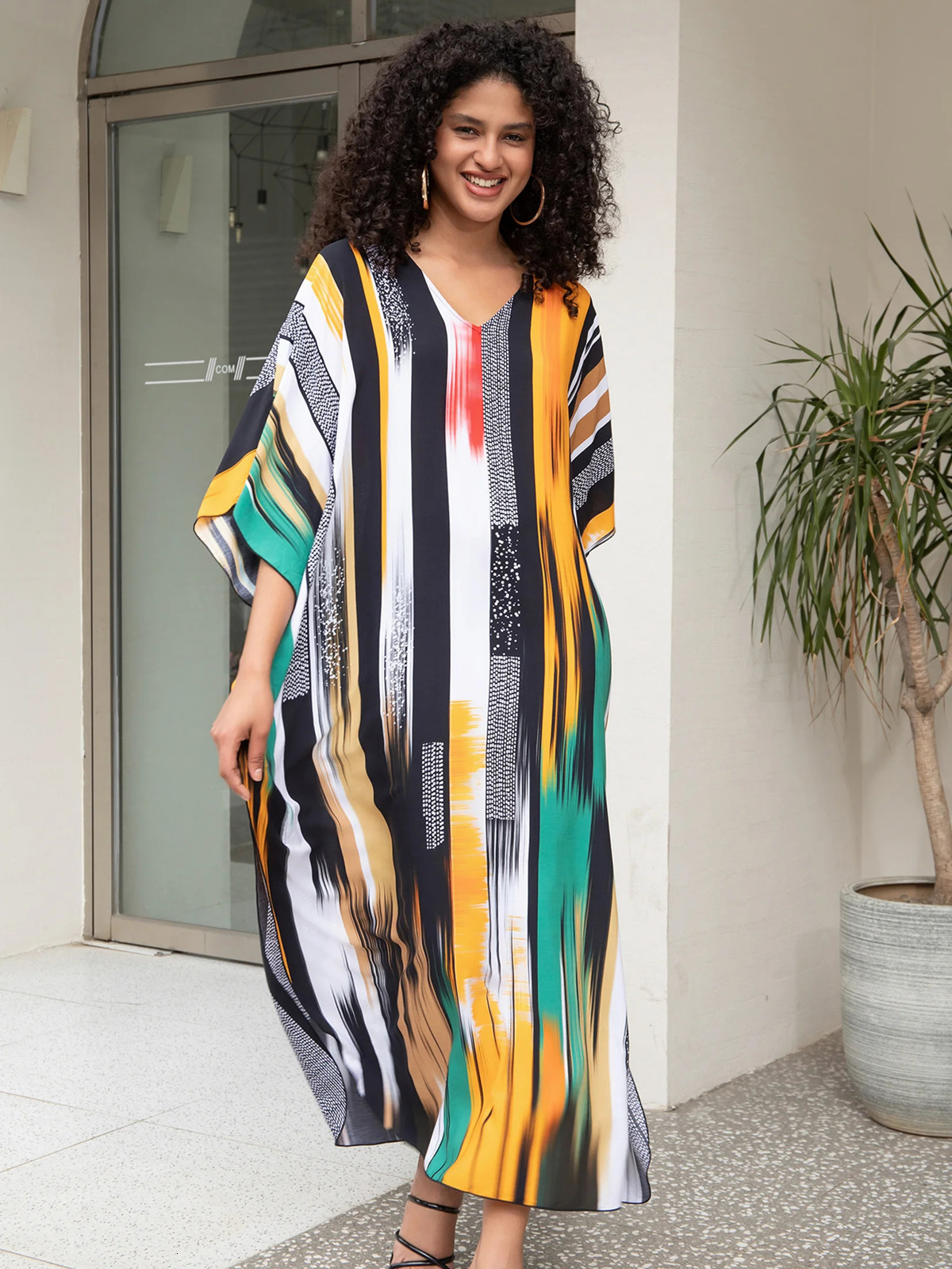 striped print Summe beach dress womens clothing Bohemian V-neck batwing sleeves Kaftan vacation Moo dress Q1638 250103
