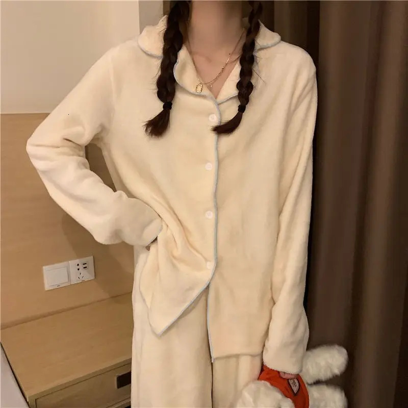 Flannel Womens Pajamas Sets Casual Autumn Winter Sleepwear Velvet Pyjama Ladies Cardigan Simple Bedroom Soft Warm Home Clothes 250103