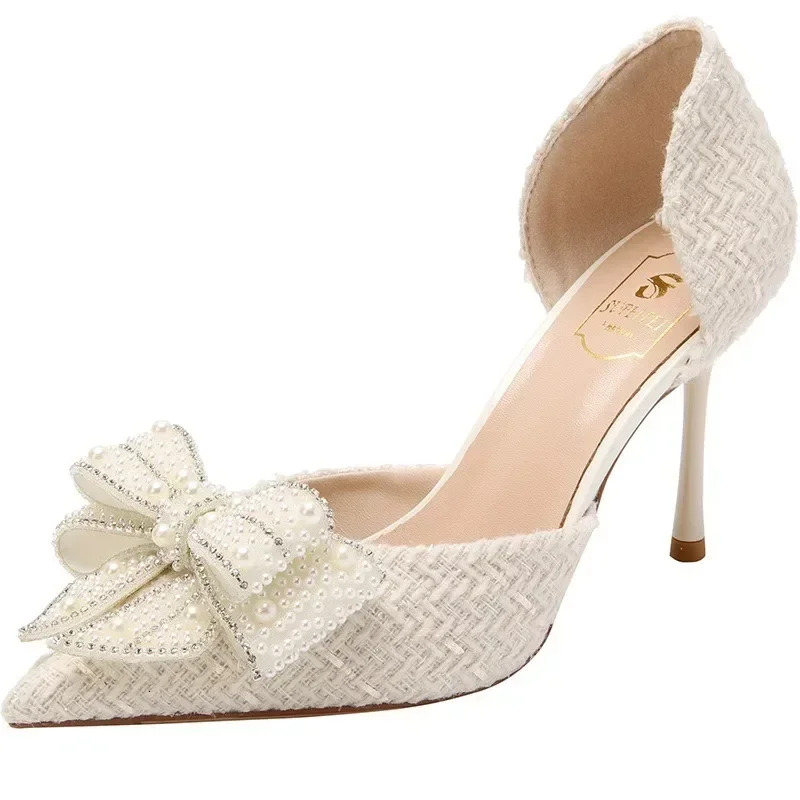 2024 New Autumn Brand Designer High Heels Pearl Crystal Bowtie White Wedding Women Pumps Thin Heeled Party Shoes