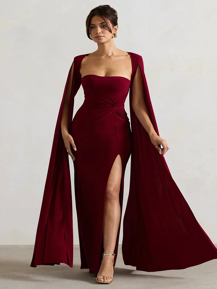 JULISSA MO sexy square neckline high seam womens Maxi dress black long sleeved evening dress autumn ultra-thin elegant party Clubwear 250103