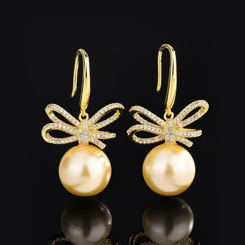 S925 Silver Plated 18K Gold Plated PT950 Platinum Light Gold Shell Beads Korean Style Bow Diamond Set for Women 14mm 250102