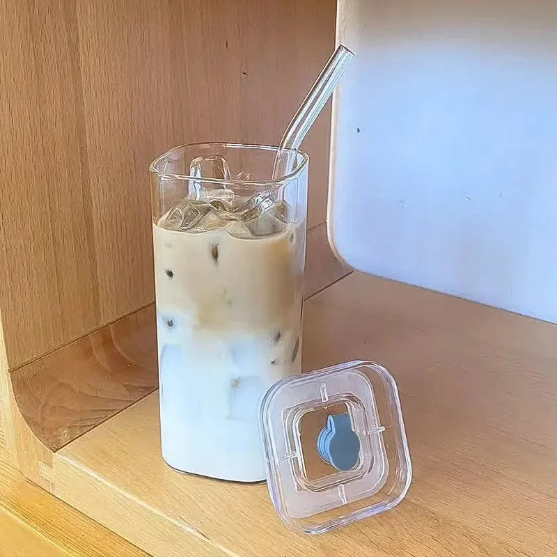 1Pcs Square Heat Resistant Coffee Glass Cup With Lid and Straw Transparent Milk Tea Juice Cups Mug For Home Bar Drinkware 241226