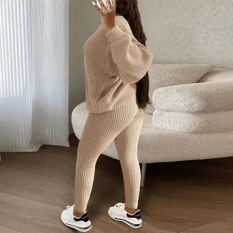 Winter two-piece womens clothing autumn fashion casual solid round neck zipper loose pit knitted sweater set 241230