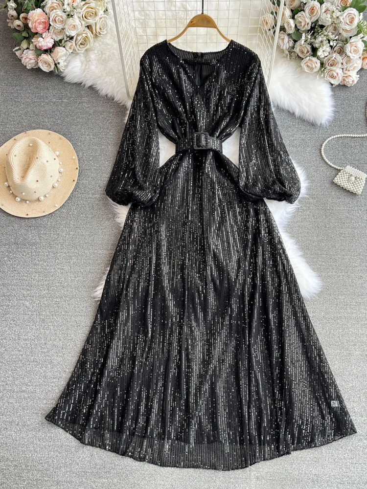 XFPV Women Light High Waist Sequins A-line Evening Dress O-Neck Lantern Sleeve Vestidos Spring Summer 2025 SM10185 250103