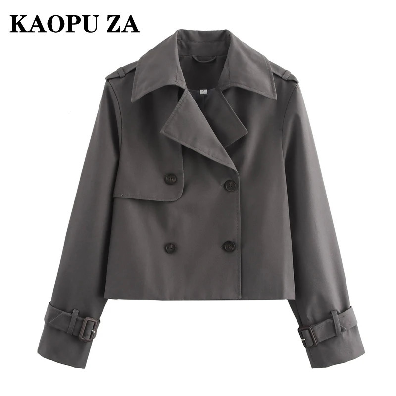 KAOPU ZA 2024 Autumn Ladies Vintage Double Breasted Cropped Trench Coat Womens Solid Short Jacket Lapel Collar Windbreaker 250102