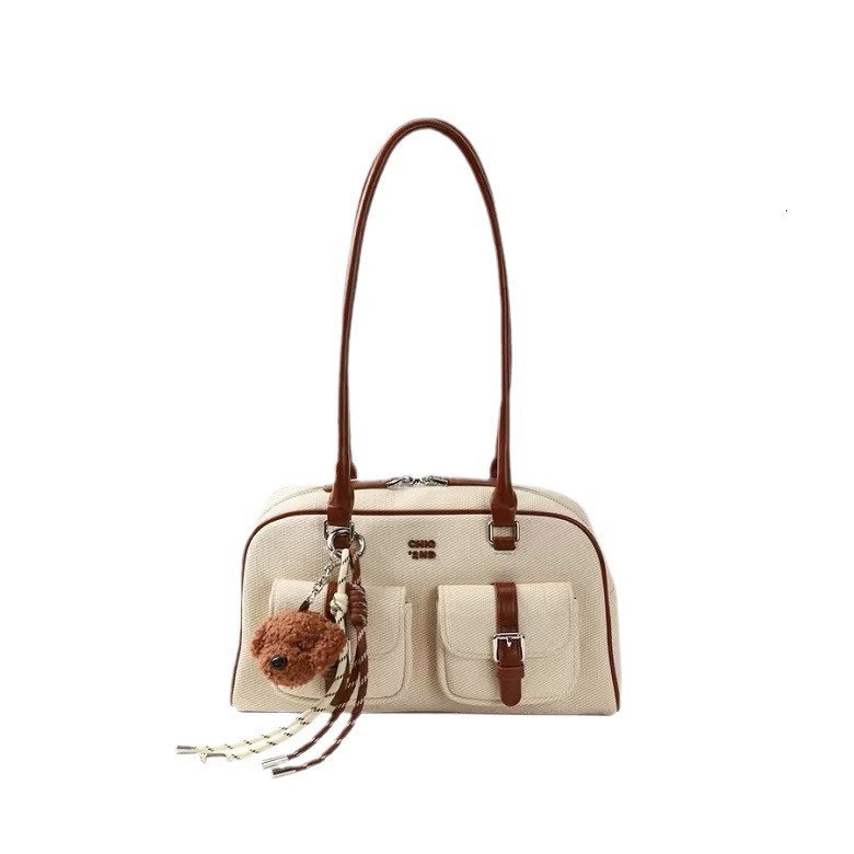 Brand Designer PU Leather And Canvas Patchwork Women's Shoulder High Quality Contrast Color Crossbody Bag Bucket Handbag