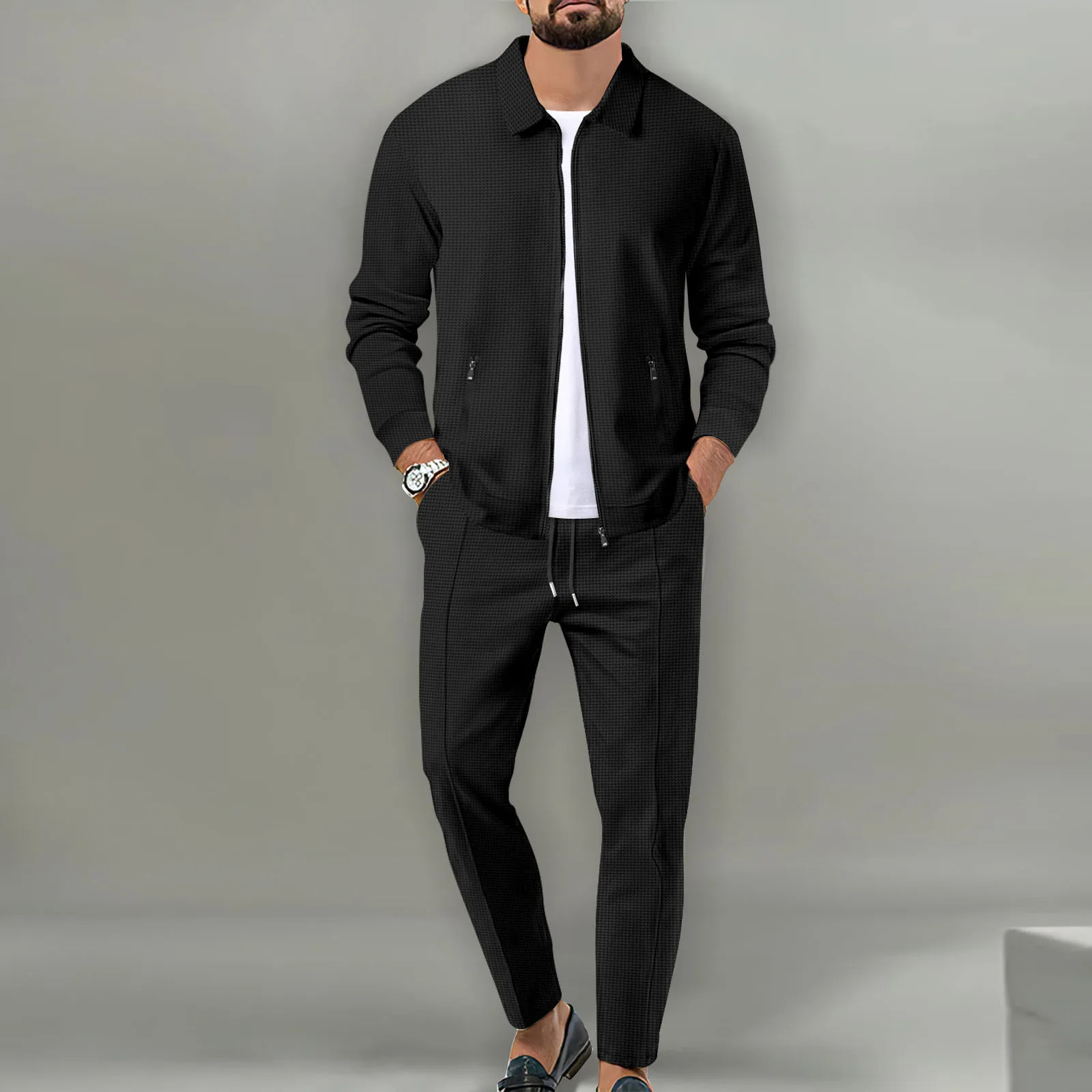 Mens Jacket POLO Shirt 2 sets Long Sleeve Casual Fashion Commercial Breathable lapel Pants pull Rope Solid Color Men 2 set 250102