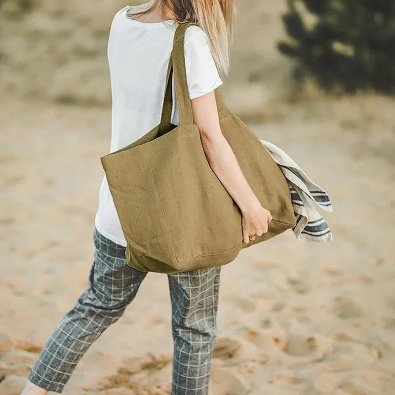 Casual Linen Shopping Bags For Women Reusable Sundries Bags Foldable Female Travel Beach Shoulder Bags Large Handbags 250102