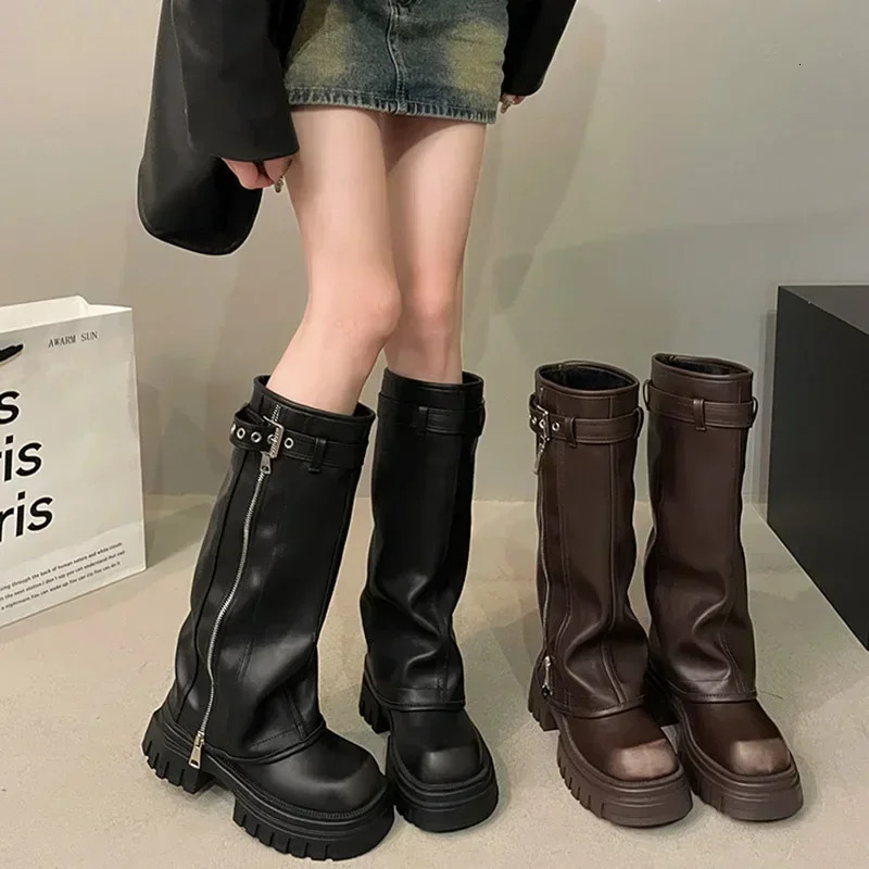 Winter Women Biker Boots Fashion Belt Buckle Ladies Elegant Platform Long Pipe Booties Casual Womens Knee High Booties 250103