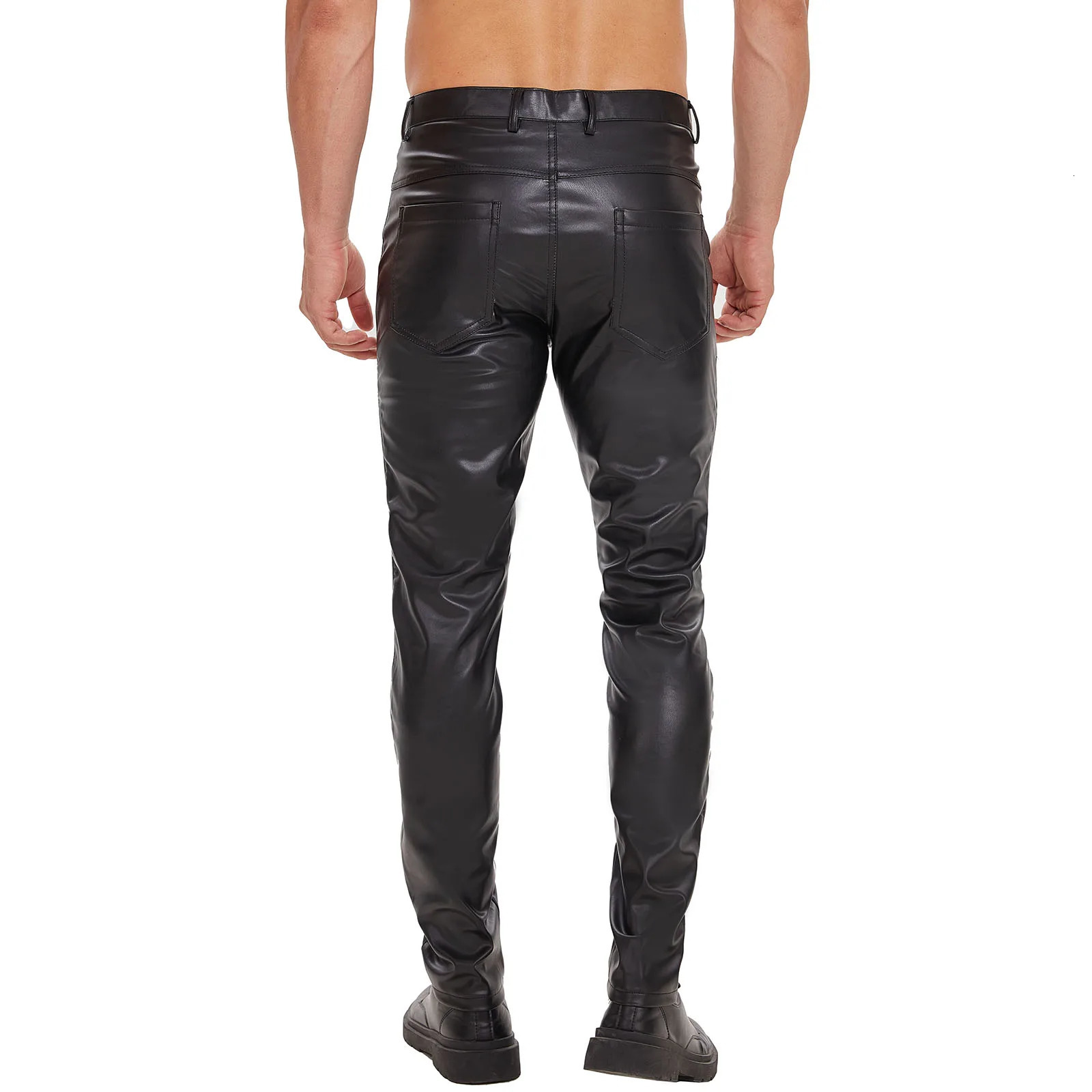 Men Shiny Leather Straight Pants Sexy Zipper Open Crotch Soft Matte Leather Casual Trousers Male High Elastic Shaping Leggings 250103