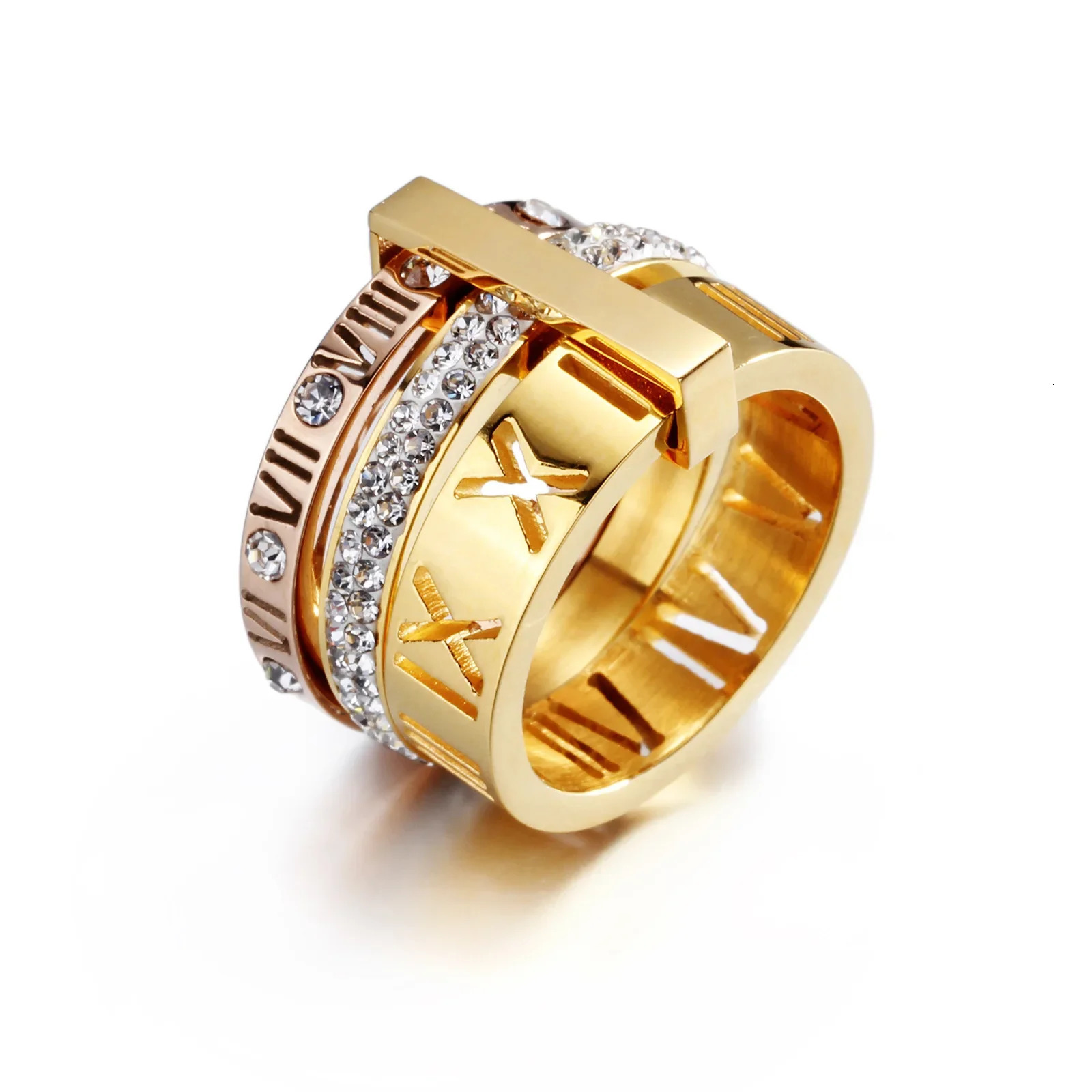 Stainless Steel Roman Numeral Shinny Zircon Rings Three Layers Ring for Women Men Couple Fashion Jewelry Gift 250103