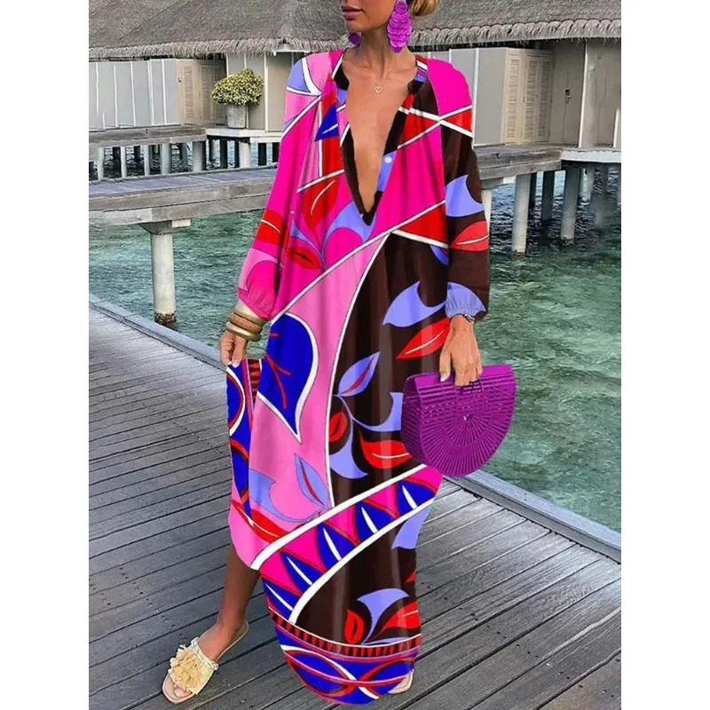 Womens Deep V-neck Dress Summer Retro Elegant Long Sleeve Bohemian Printed Long Dress Womens Sexy Beach Party Loose Long Dress 250103