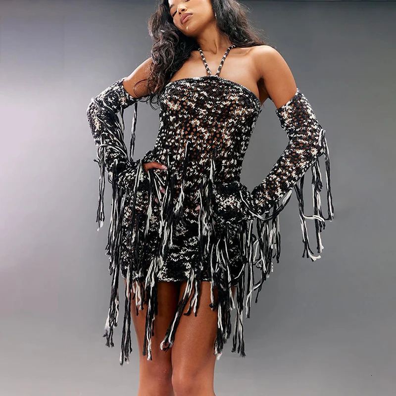 Women Halter Tassel DressOuter Layer Off Shoulder Contrast Color Elastic Knit Sexy Bodycon Nightout Party Clubwear 250102