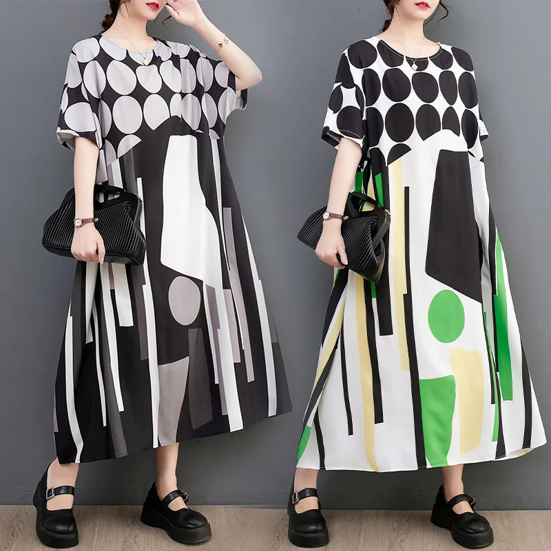 Wxw0122 Printed A-line Dress Womens O-neck Long T-shirt Dress Short Sleeve Casual Retro Midi Dress Womens Retro Womens Dress 250103