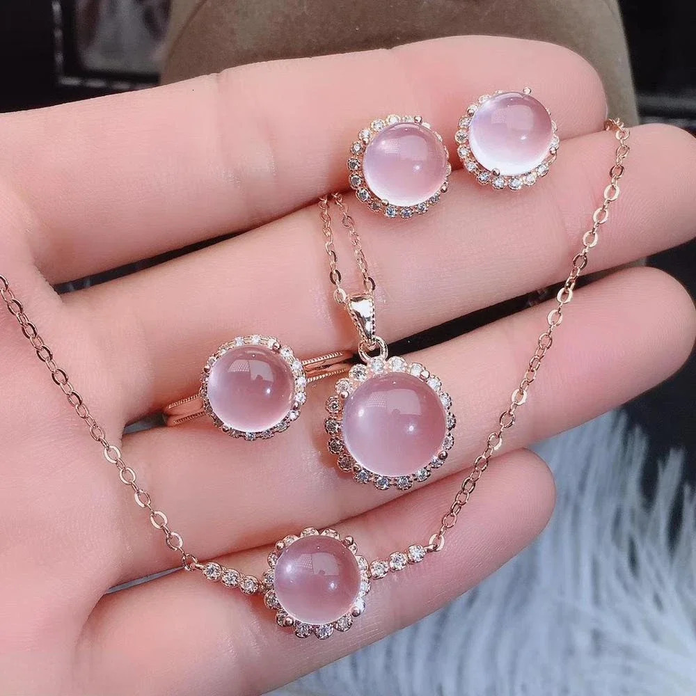 Fine Jewelry 925 Sterling Silver Inlaid Natural Rose Quartz Ring Pendant Earring Bracelet Set Supports Test 250102