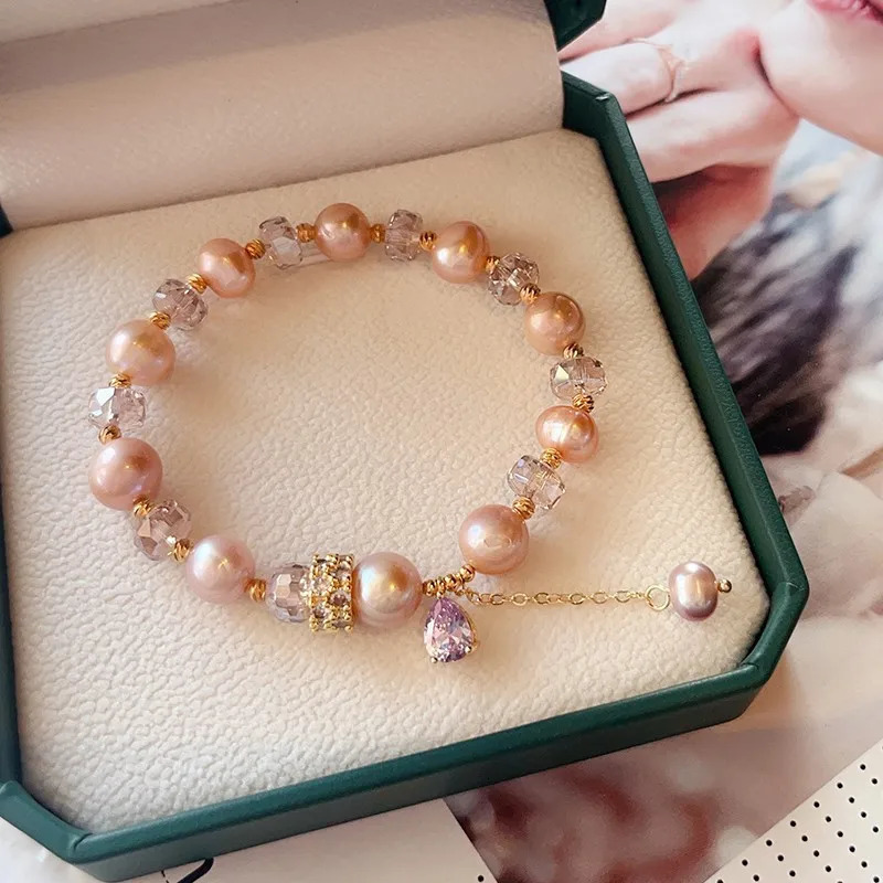 Pink Baroque Natural Freshwater Pearl Bracelet for Women Purple Crystal Bracelet Summer Nice Girls Jewelry Gifts 250102
