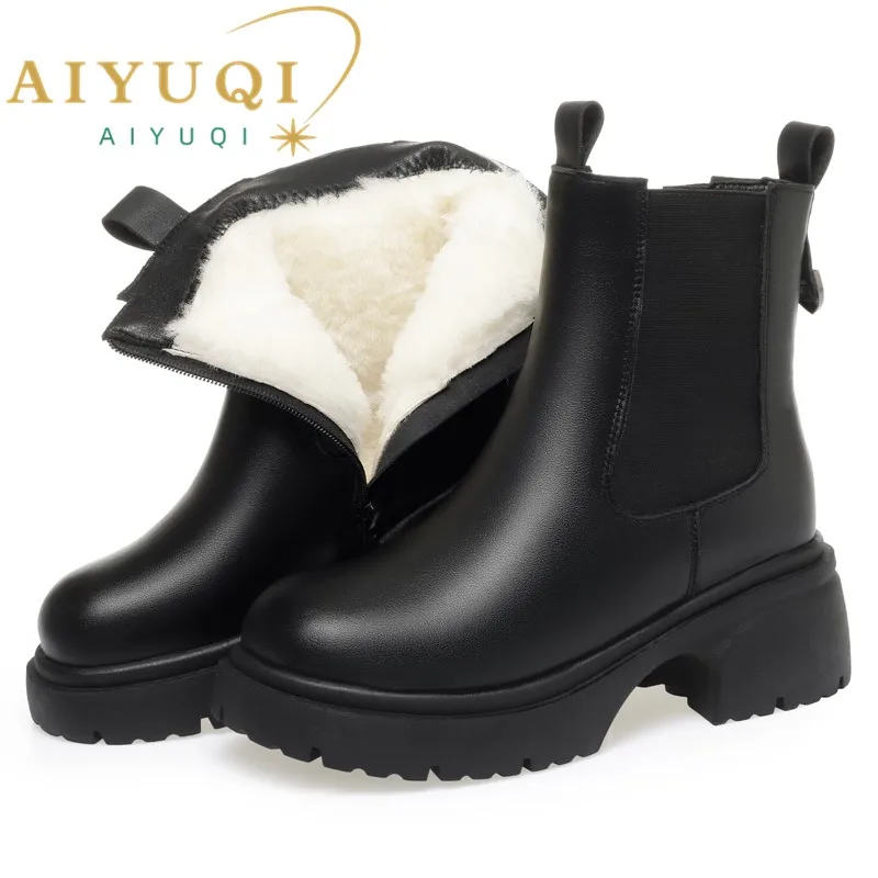 AIYUQI Snow Boots Women Genuine Leather Women Ankle Boots British Style Natural Wool Winter Warm Women Chelsea Boots