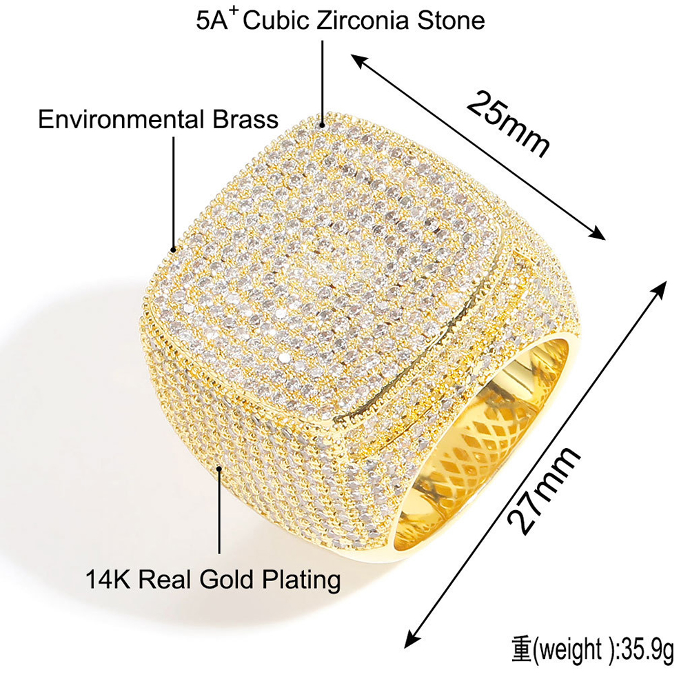 Hip Hop Full 5A Zircon Square Ring Jewelry 18K Real Gold Plated Mens Finger Ring