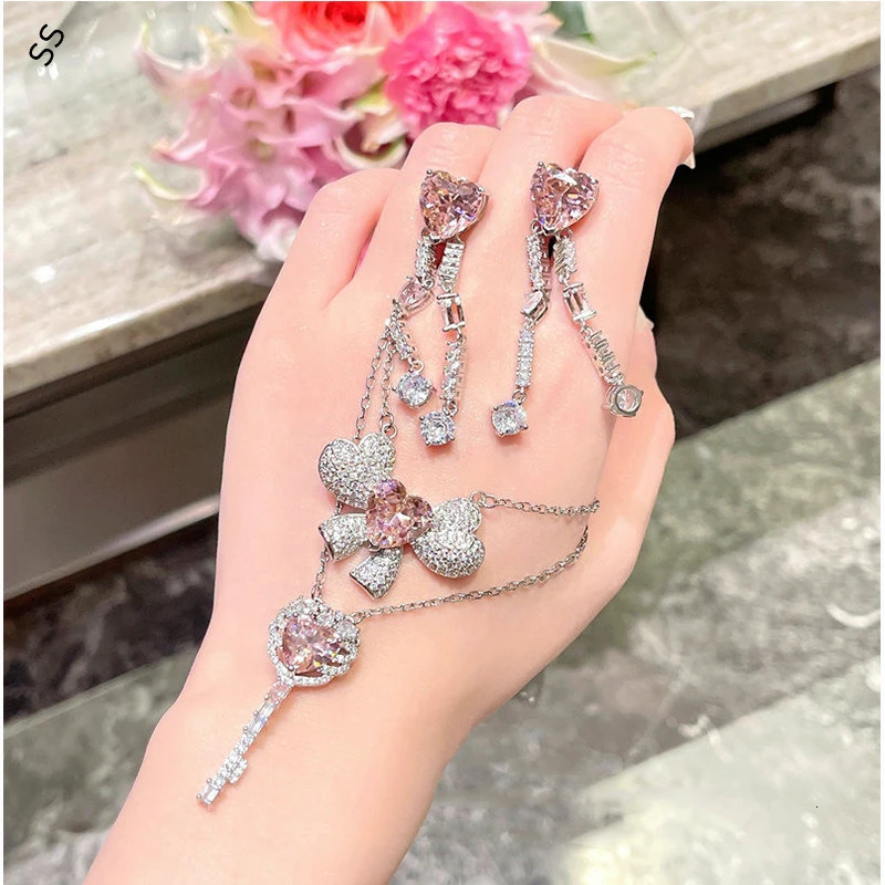 Romantic Shiny Pink Gems Zircon Jewelry Accessories Sweet Girl Necessary Sets Daily Wear Necklace Earring Open Ring for Date 250102