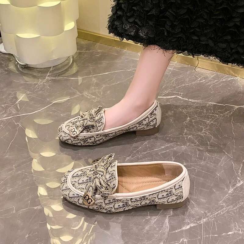 Women Bow Brand Loafers Print Random Square Heels Autumn New Fashion Ladies Casual Shoes Pumps atos Mujer