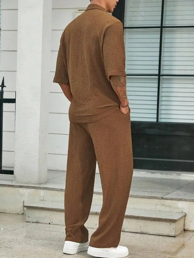 Summer Mens Set Half Sleeved Shirt and Long Pants Two-piece Turn-down V-neck Casual Streetwear Holiday Loose Suit s 250103