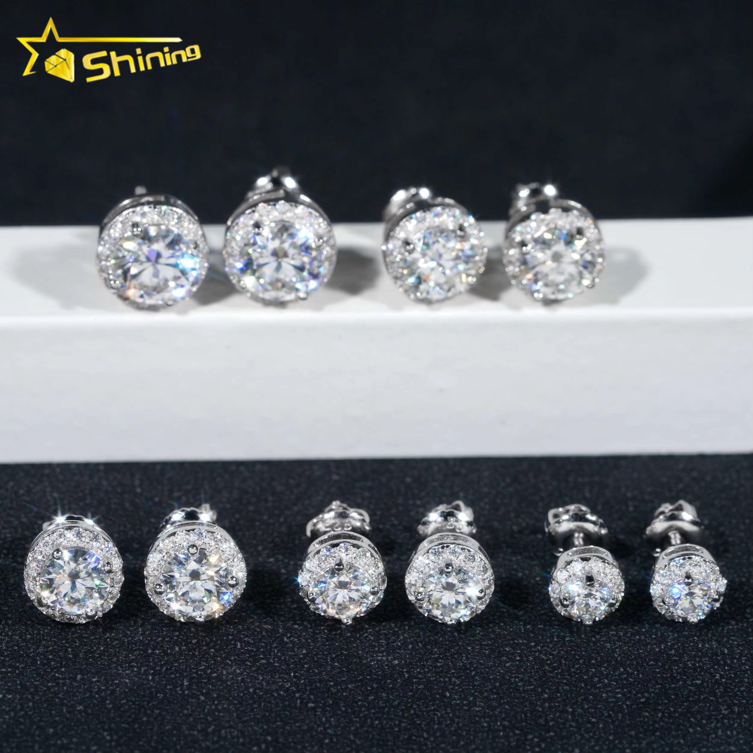Hot Selg Hip Hop Style 6.5MM 8MM 9MM Sier Halo Design Moissanite Dia Stud Earrings