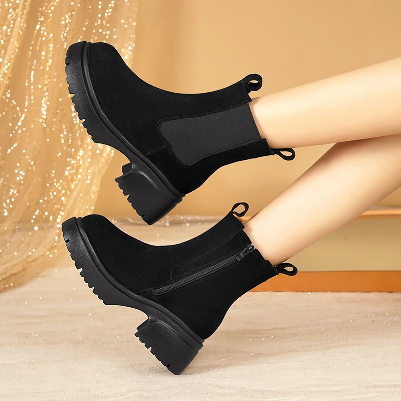 AIYUQI Women's Chelsea Boots Genuine Leather Natural Wool Snow Boots Women's High Heel Women's Ankle Boots