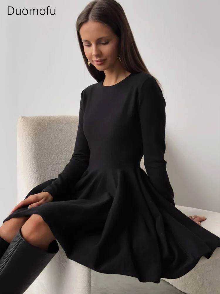 Duomofu Knit Mini Dresses Women Autumn Winter Long Sleeve Sweater Dress Female Elegant Fashion Slim A Line Pleated Dress Vestido 250102