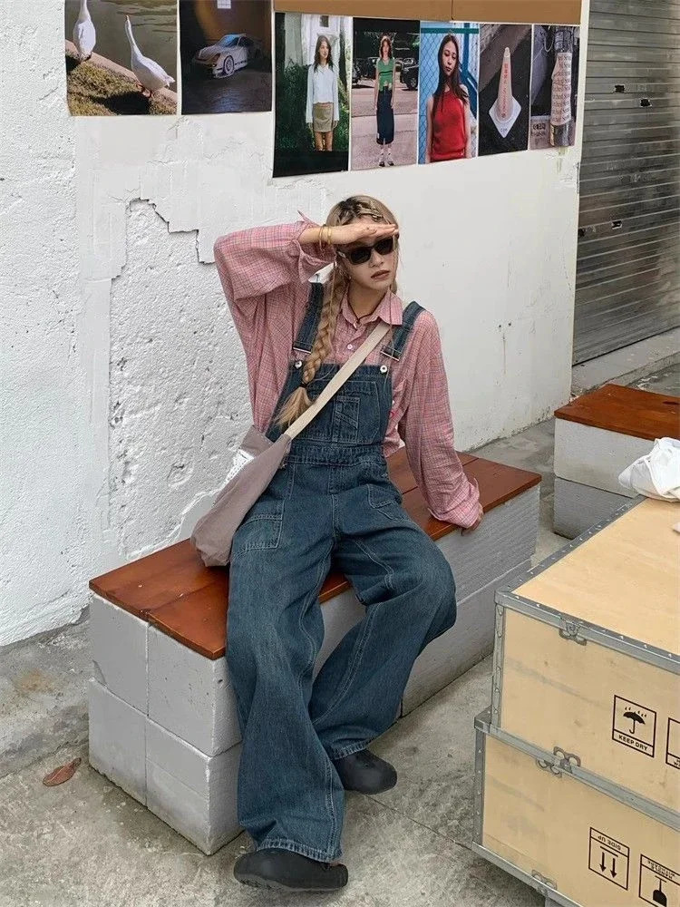 Womens Vintage Blue Overalls Fashion Wide Leg Suspender Jumpsuits Pants Female Streetwear Rompers Straight Denim Trouser 241230