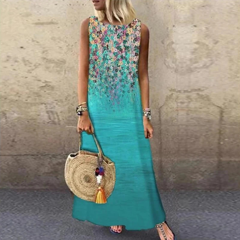Womens sleeveless printed dress O-neck straight loose fashion elegant commuting long casual spring summer 250103