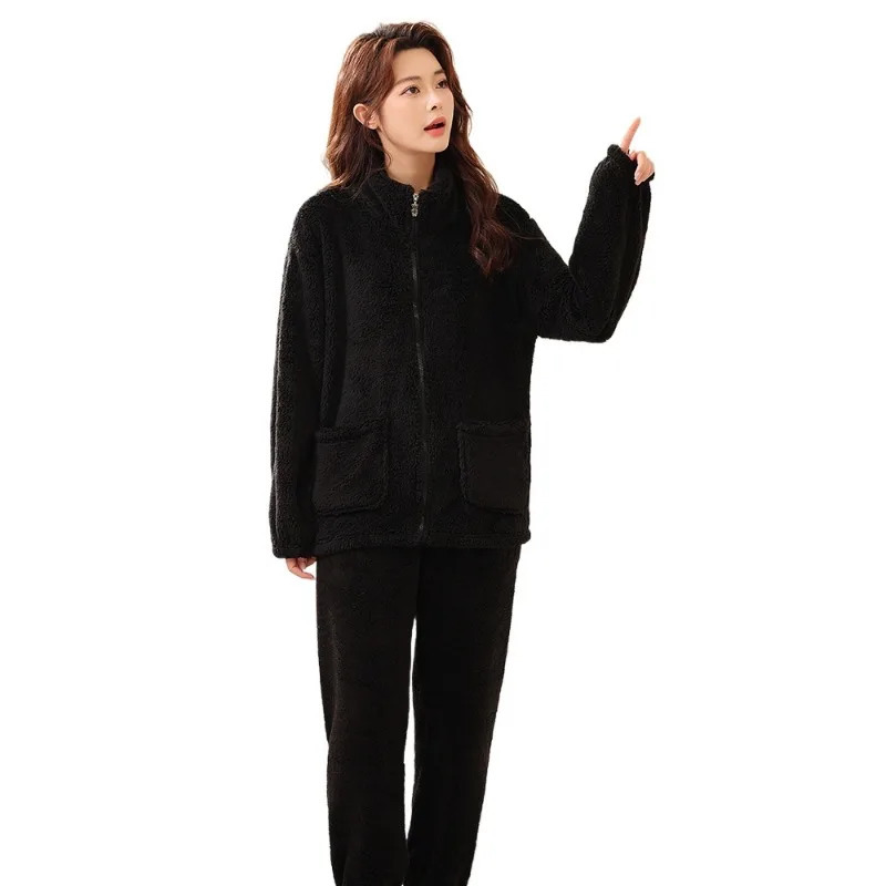 Casual Womens Autumn and Winter Doublesided Coral Fleece Pajamas Zipper Cardigan with Thick Flannel Home Suit Set 250103