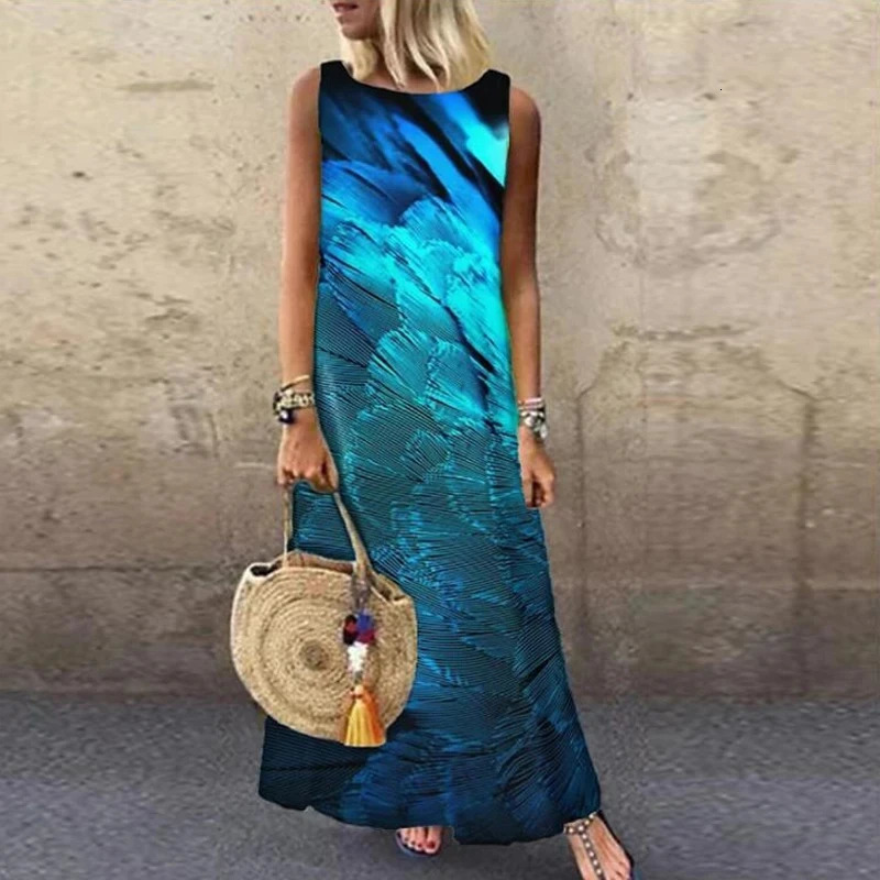 Womens sleeveless printed dress O-neck straight loose fashion elegant commuting long casual spring summer 250103