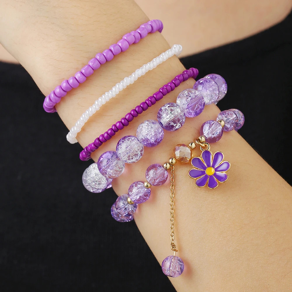 5Pc/s Simple and Sweet Girly Feeling Boudoir Hand Decorated Rice Beads Crystal Small Daisy Fringe Elastic Bracelet Jewelry Set 250102