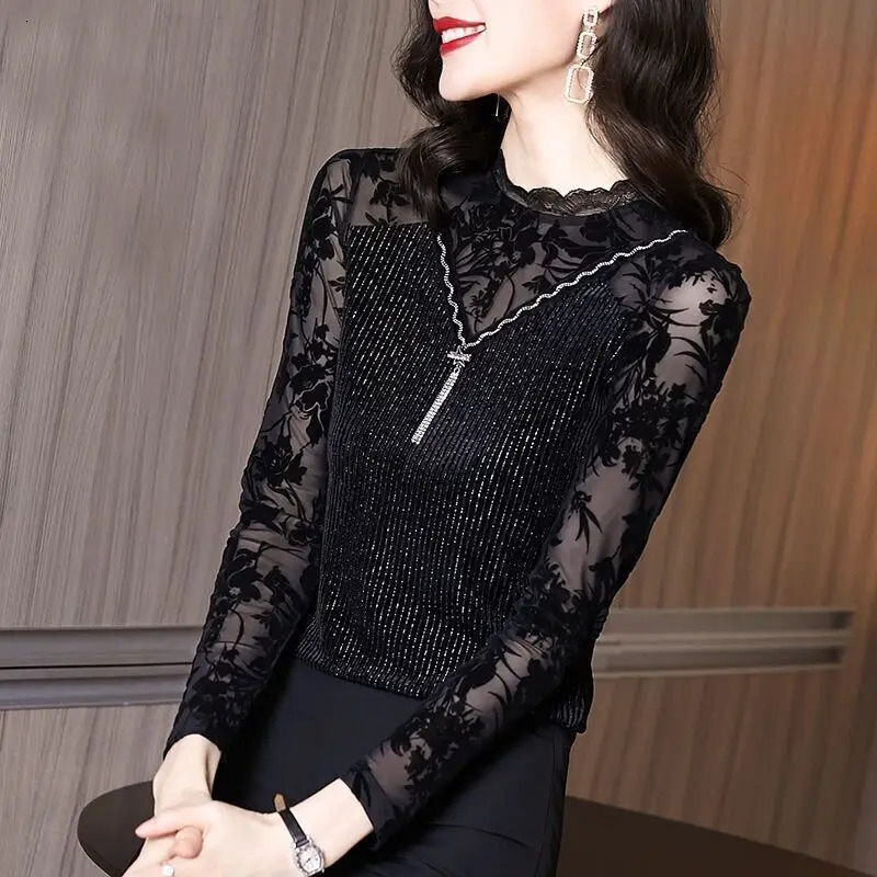 Womens shirt lace autumn/winter long sleeved womens shirt black Blusas Mujer De Moda 241231