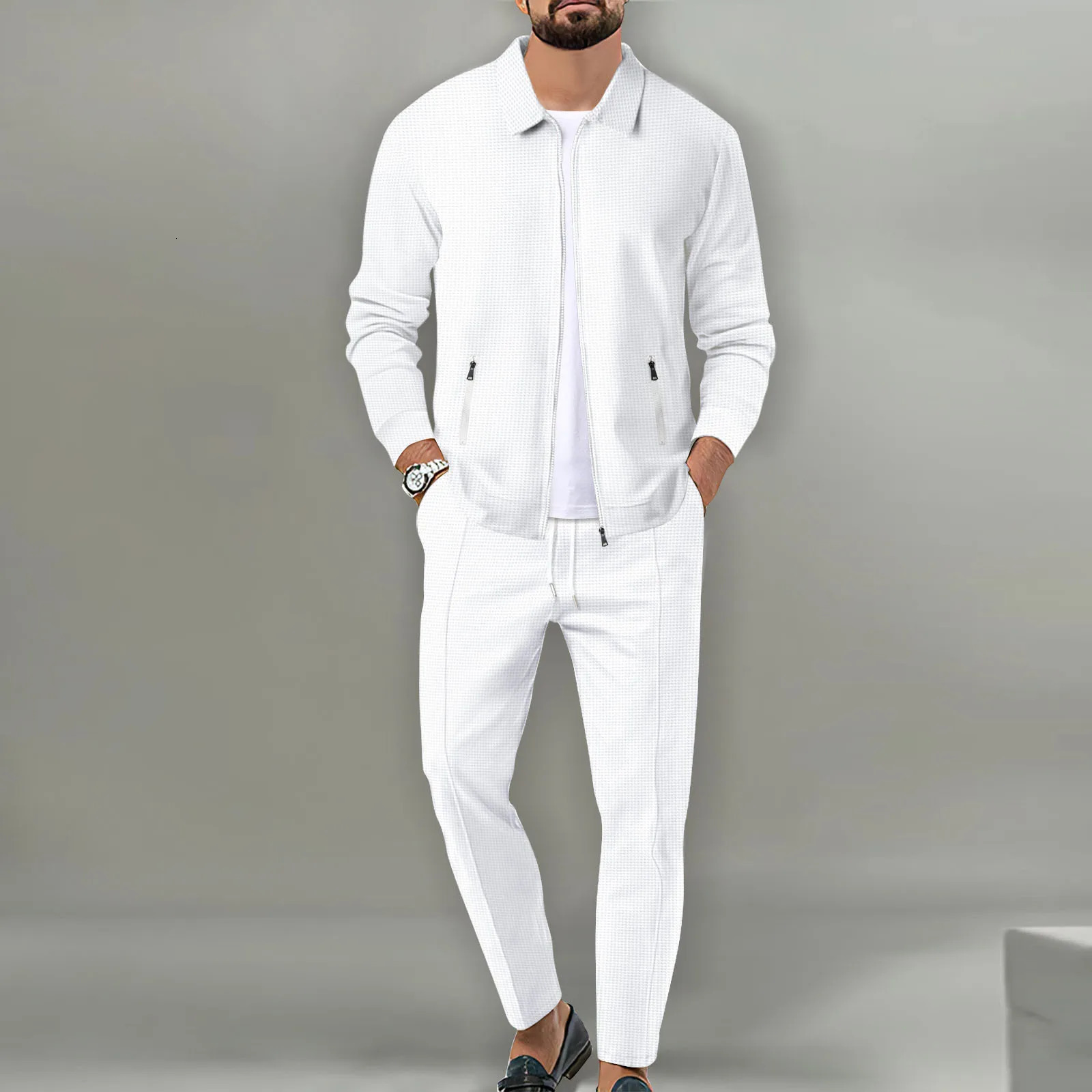 Mens Jacket POLO Shirt 2 sets Long Sleeve Casual Fashion Commercial Breathable lapel Pants pull Rope Solid Color Men 2 set 250102