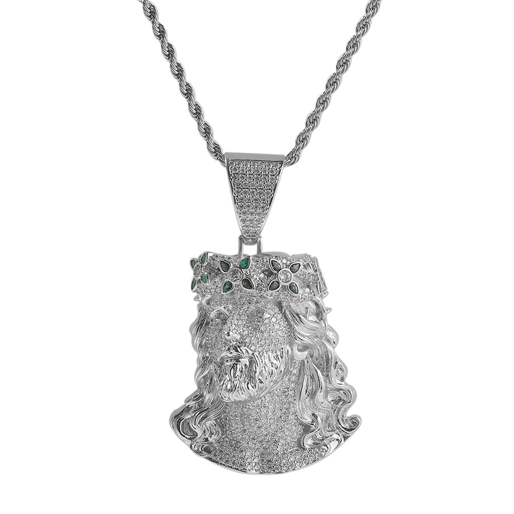 Hip Hop Vintage Green Cross Flower Jesus Pendant Necklace 5A Zircon Religious Jewelry