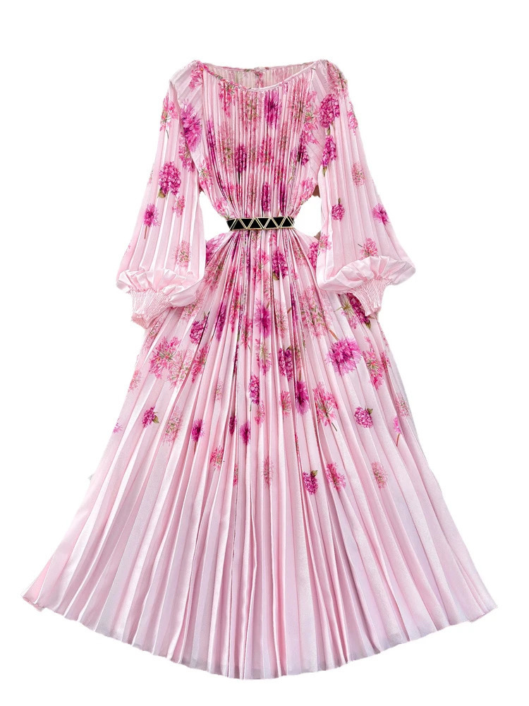 XFPV Women Temperament Printing Pleated High Waist A-line Dresses O-Neck Lantern Sleeve Vestidos Spring Summer 2025 SM10479 250103