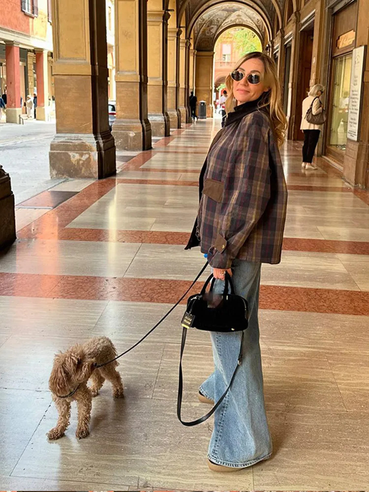 Vintage Plaid Patchwork Women Jacket Lapel Full Sleeves Covered Button Zippers Female Coat 2024 Autumn Fashion Street Outwear