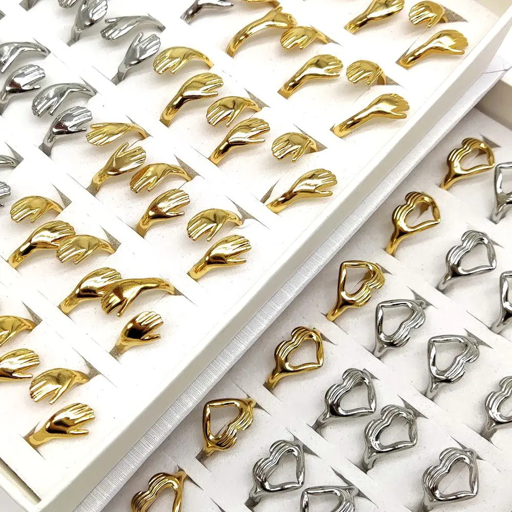 30pcs Style Mix Vintage Stainless Steel Love Hugging Hand Couples Ring Opening Adjustable Romantic Heart Hand Hug Rings 250103