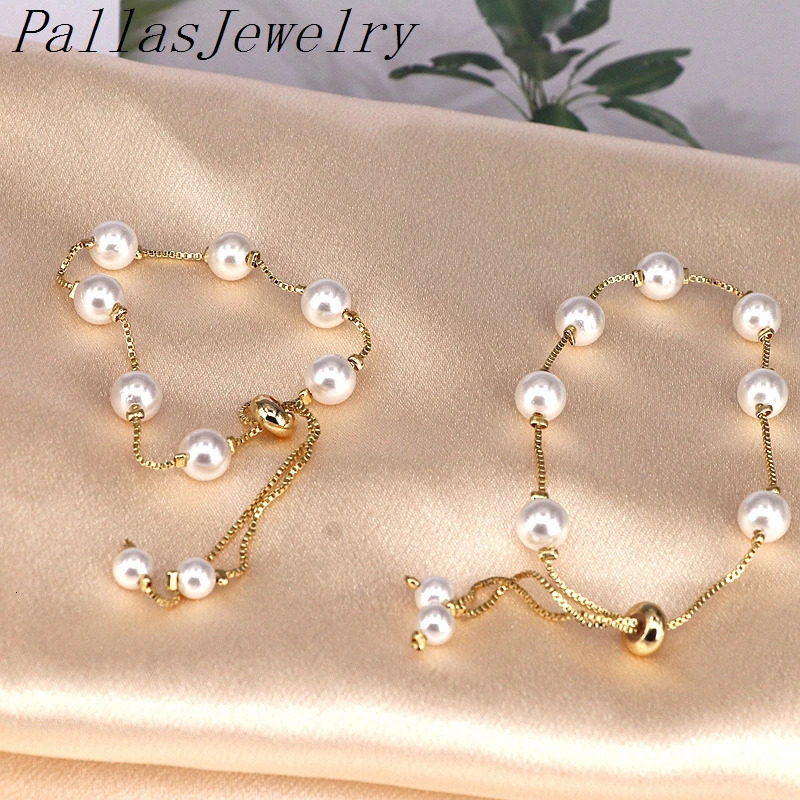 10Pcs 8MM Elegant Fashion Pearl Shell Ball Bracelets For Women Adjustable Bracelet Gold Color Chain Bangle Jewelry Gift 250102