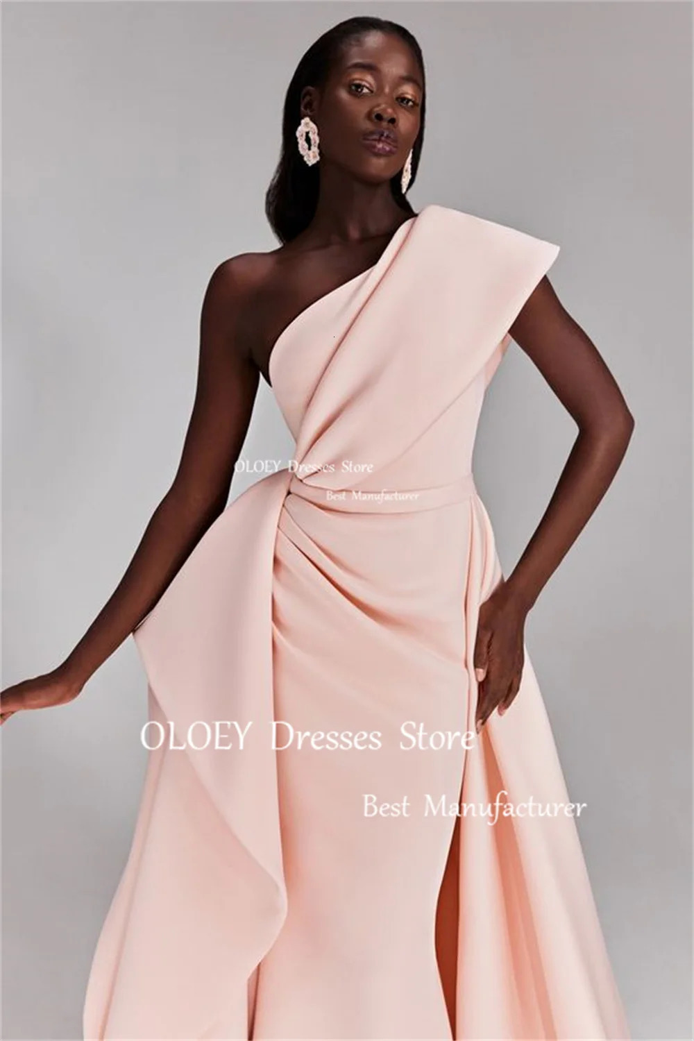 OLOEY One Shoulder Long Straight Promotion Dress Light Pink Womens Wedding Party Dress Pos Folded Satin Customization 250103