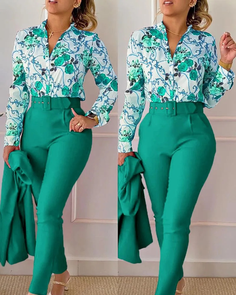 Elegant printed shirt and pants two-piece set for womens spring and autumn fashion long sleeved shirt high waisted pants casual set 241230