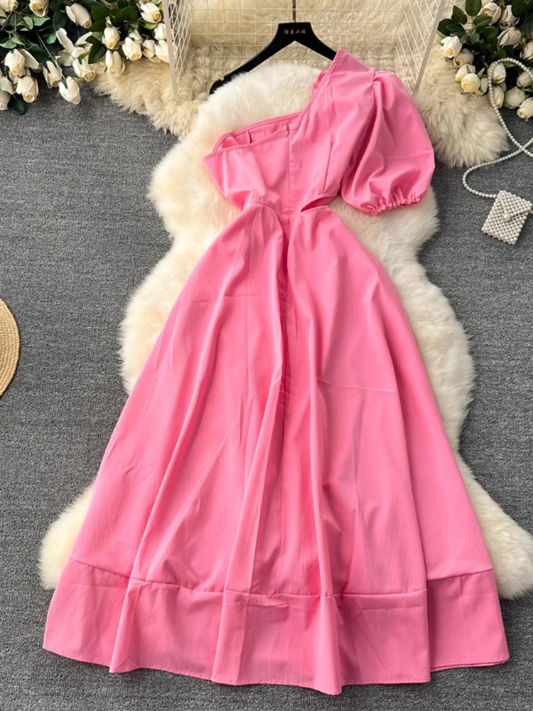 XFPV Women Sweet Temperament Party Dress Three-dimensional Flower Hollowed Out puff Sleeve Vestidos Fashion Summer 2025 SM11252 250103