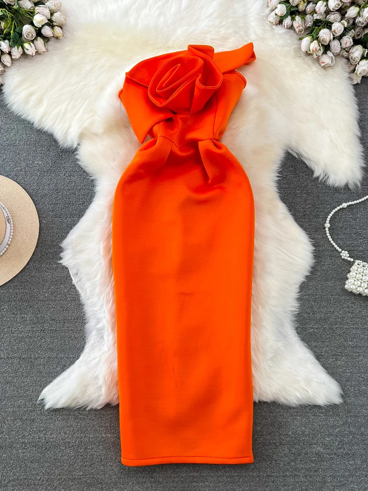XFPV Women 3D Flower Temperament High Waist Vestidos Sleeveless Strapless Solid Color Dresses Spring Summer 2025 SM9655 250103