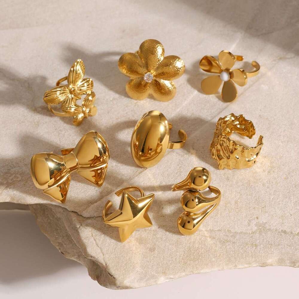 Wanxing INS Wind Combination Open Ring Gold Stainless Steel Five Petal Butterfly Knot and Earrings