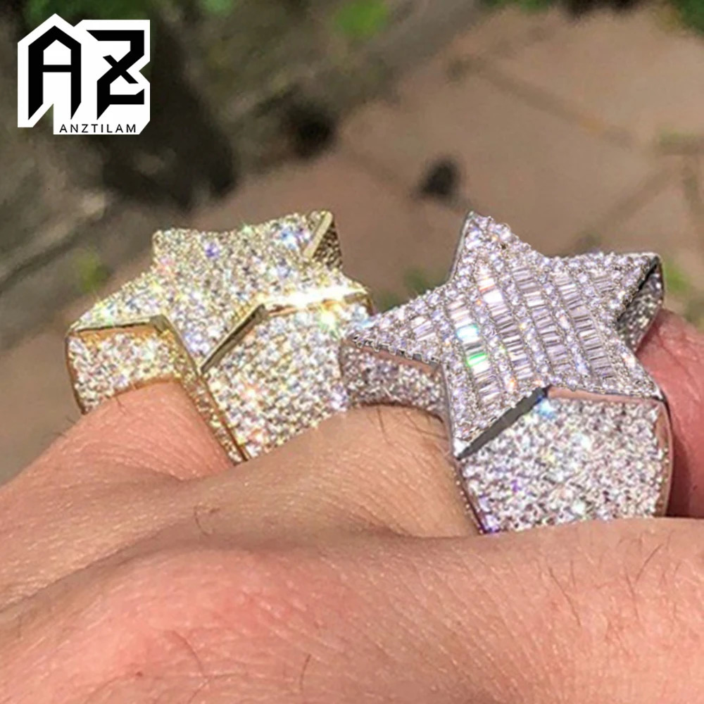 AZ Five-Star Iced Out Rings Mens Gold Silver Color Bling Cubic Zirconia Jewelry Ring Gifts Couple Wedding Rings Women Jewelry 250103