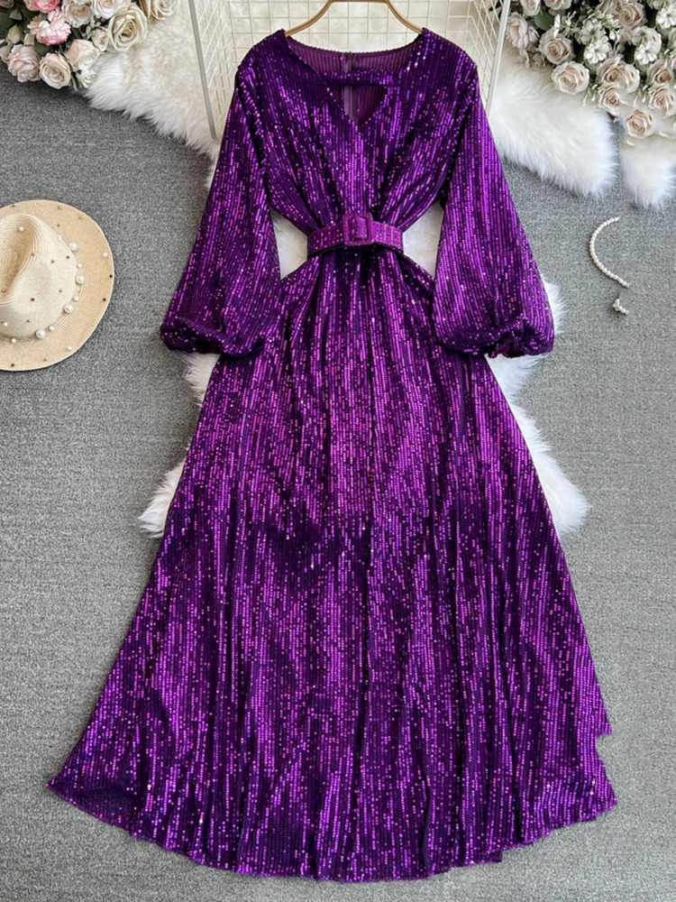 XFPV Women Light High Waist Sequins A-line Evening Dress O-Neck Lantern Sleeve Vestidos Spring Summer 2025 SM10185 250103