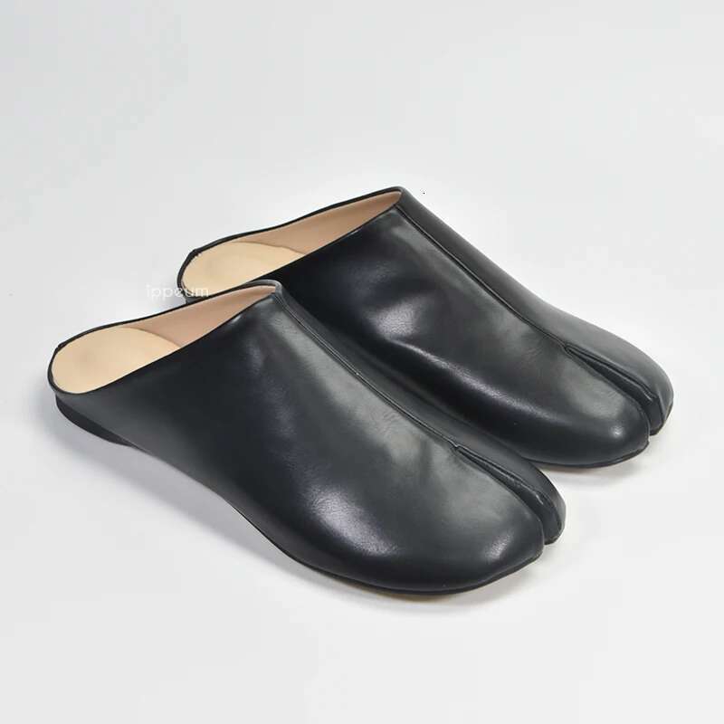 IPPEUM Tabis Mules Split Toe Plus Size 44 Black Leather Slippers Women Designer Flat Shoes