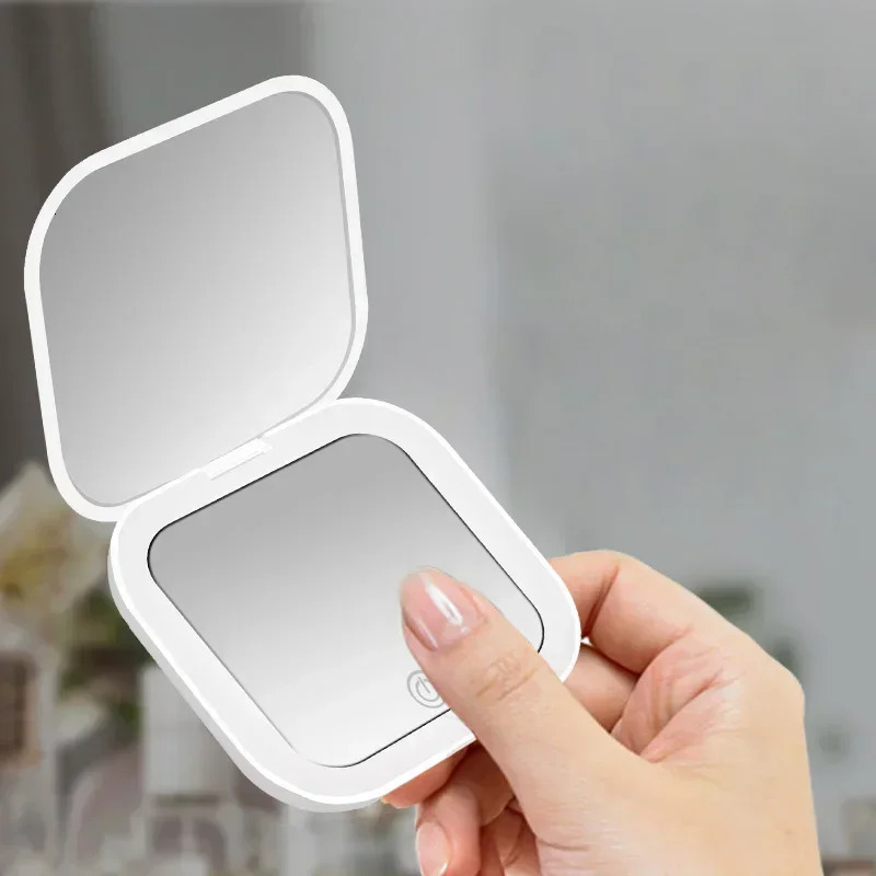 2X magnifying Compact Small Mini Gift Vanity Table Folding Led Lights Portable Hand Held Pocket Makeup Mirror 250103